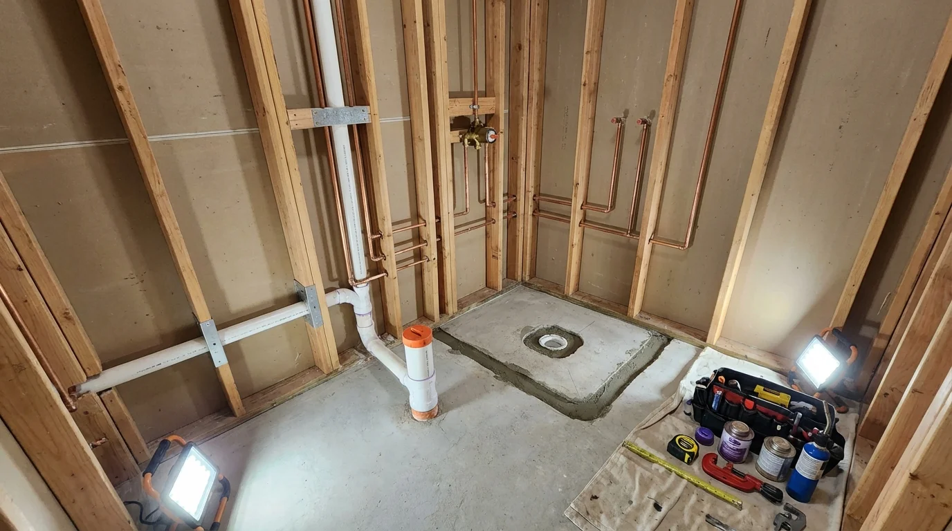 Bathroom rough-in plumbing during remodel by Johns Plumbing LLC in Gold Beach