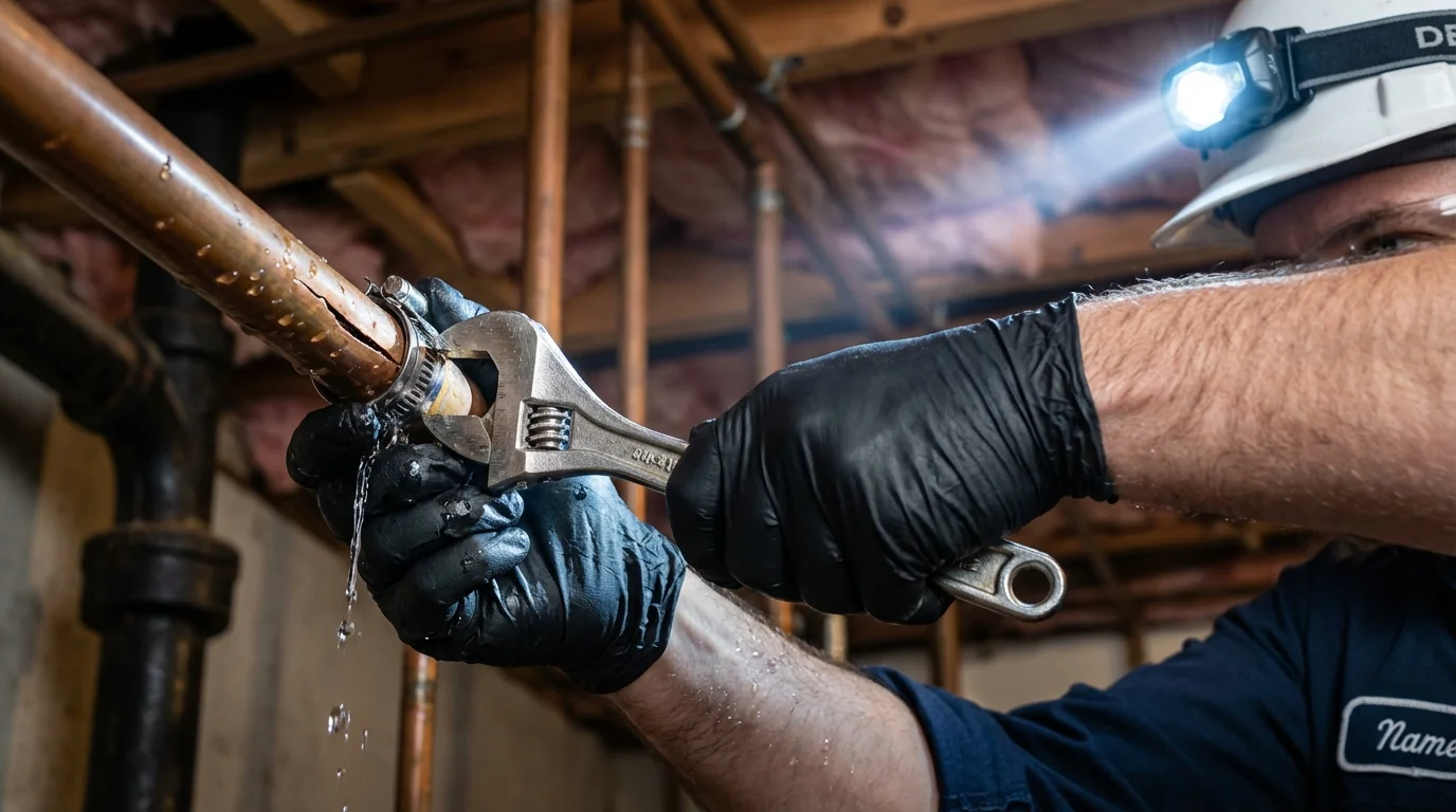 Emergency pipe clamp repair being performed by a Johns Plumbing LLC plumber in Gold Beach