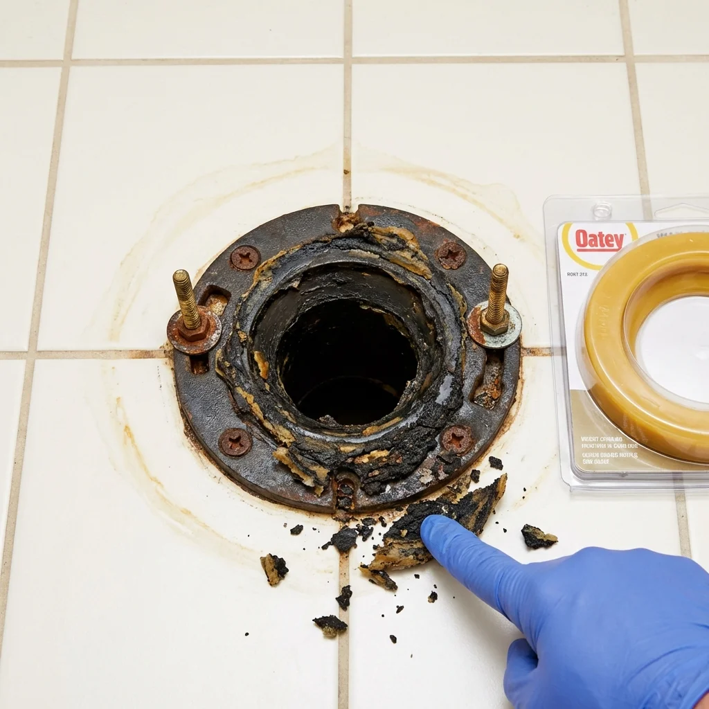 Failed wax ring showing water seepage at the base of a toilet in a Gold Beach, OR home
