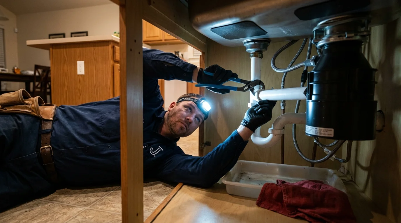 P-trap and supply line connections under a kitchen sink showing a common leak point in Gold Beach, OR